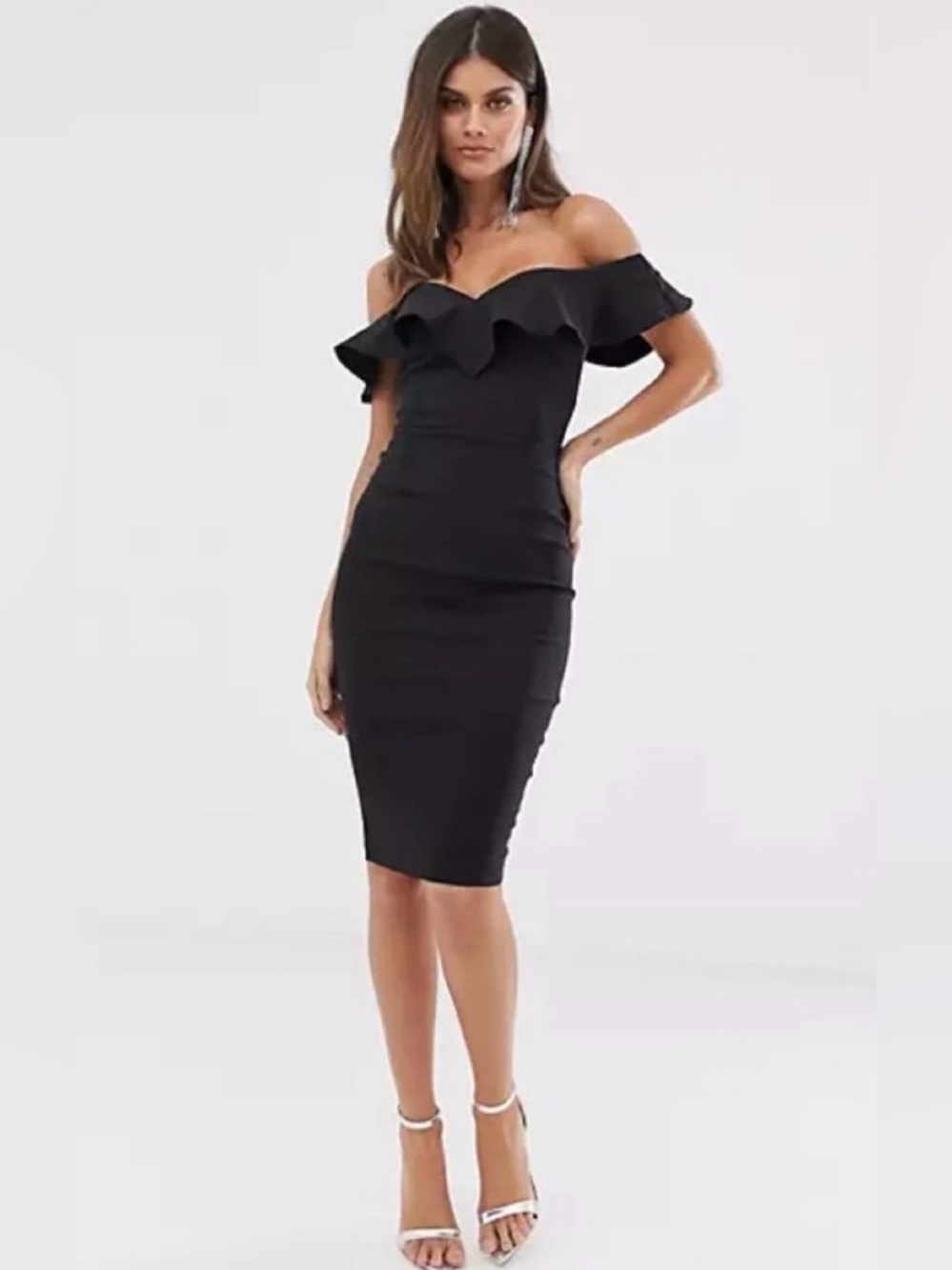 Vesper Black Midi Dress with Ruffle Neckline